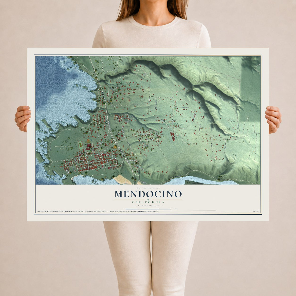 Map of Mendocino, California, 24 x 36 inch unframed archival matte print