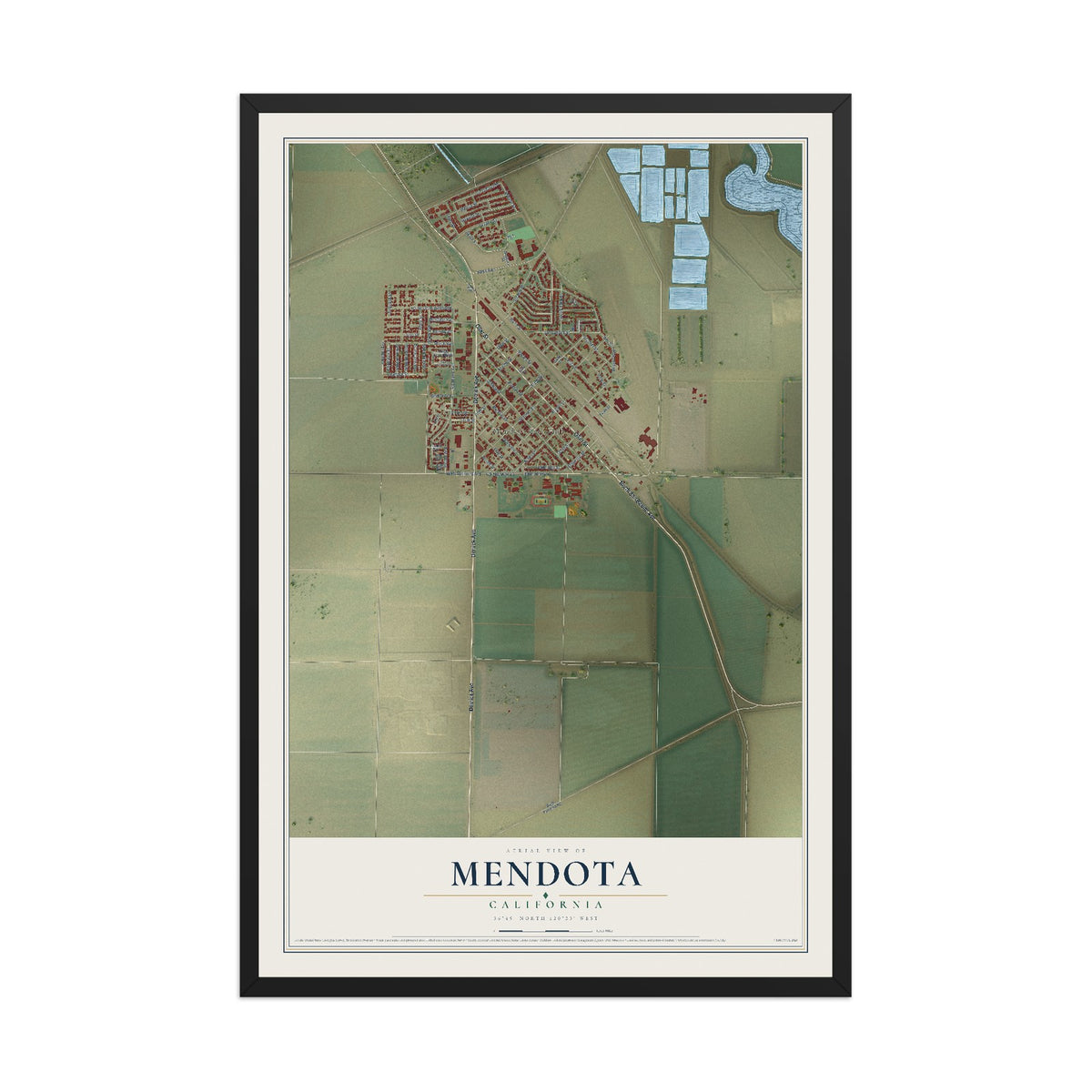 Map of Mendota, California, 12 x 18 inch print in a black wood frame