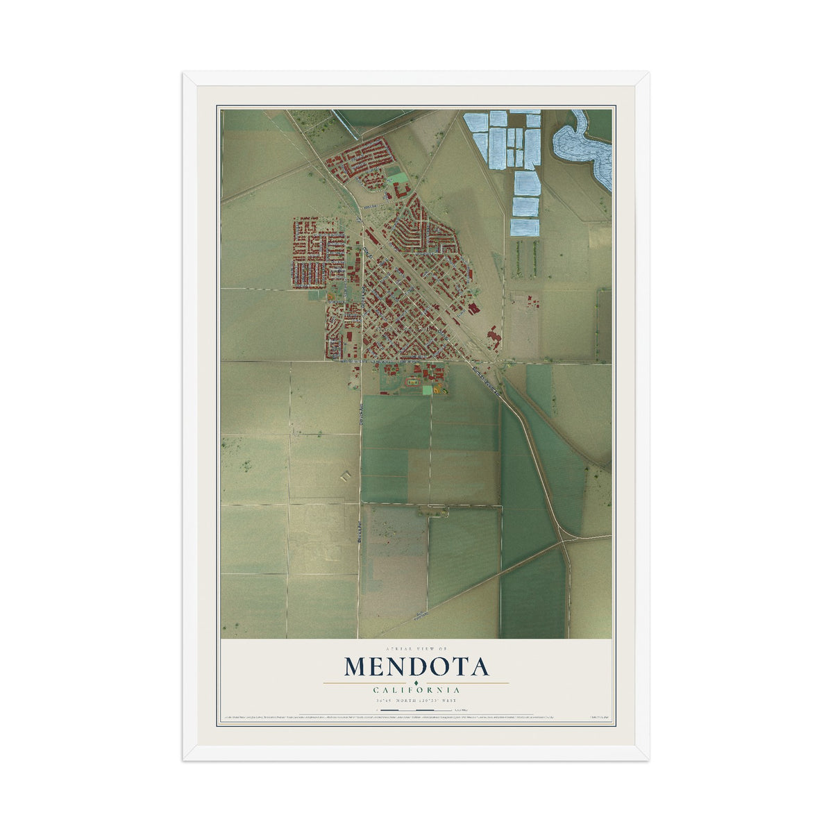 Map of Mendota, California, 12 x 18 inch print in a white wood frame