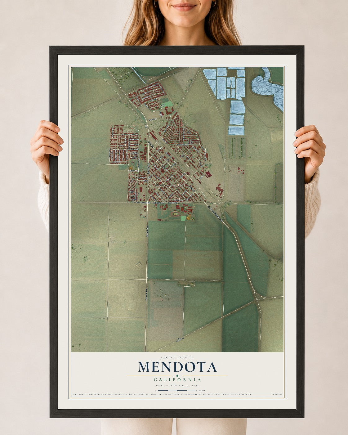 Map of Mendota, California, 24 x 36 inch print in a black wood frame