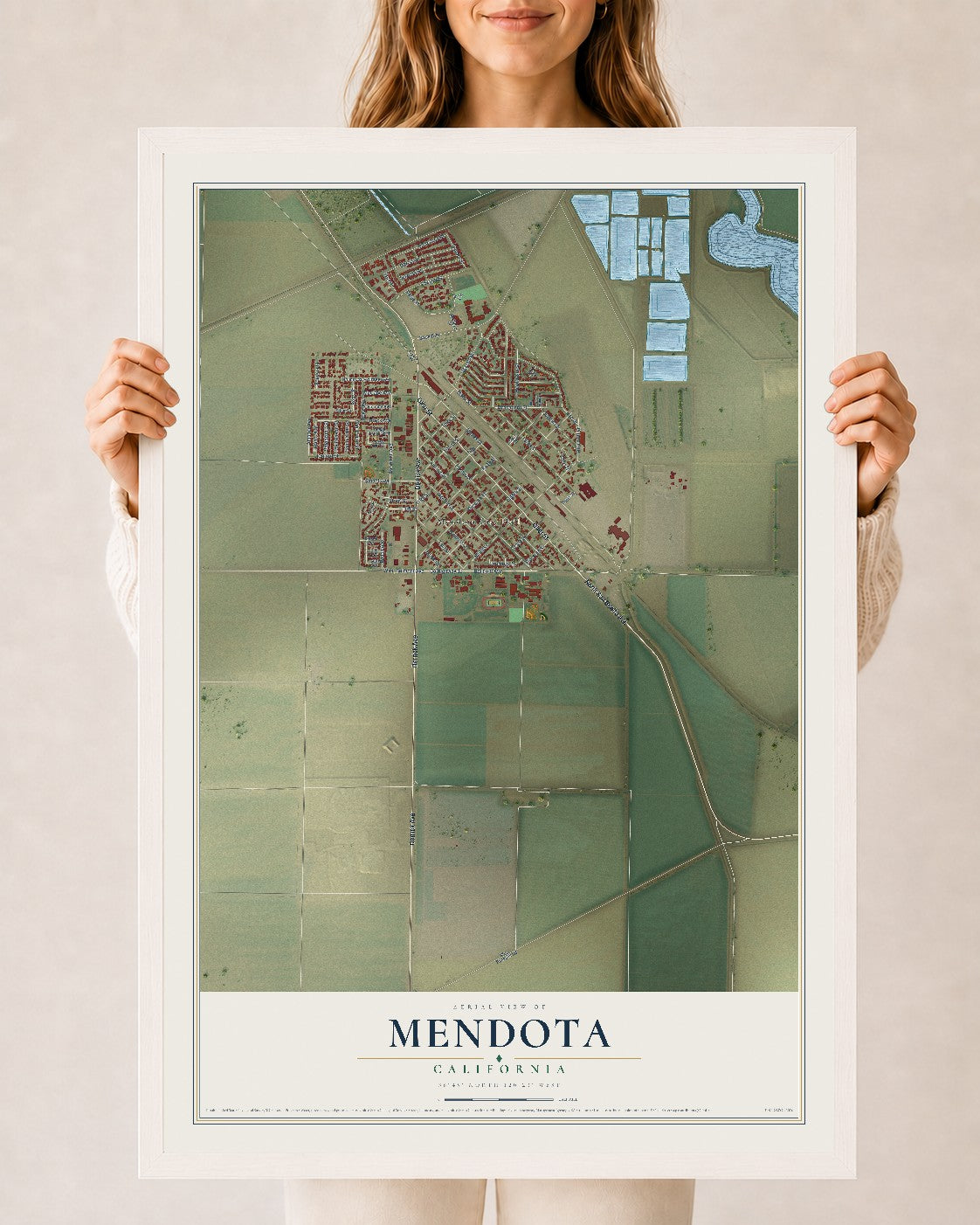 Map of Mendota, California, 24 x 36 inch print in a white wood frame