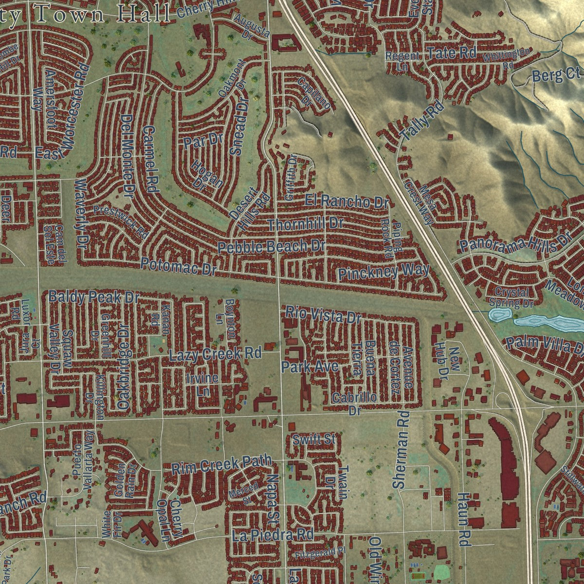 Close-up of the map of Menifee, California print showing street and building detail