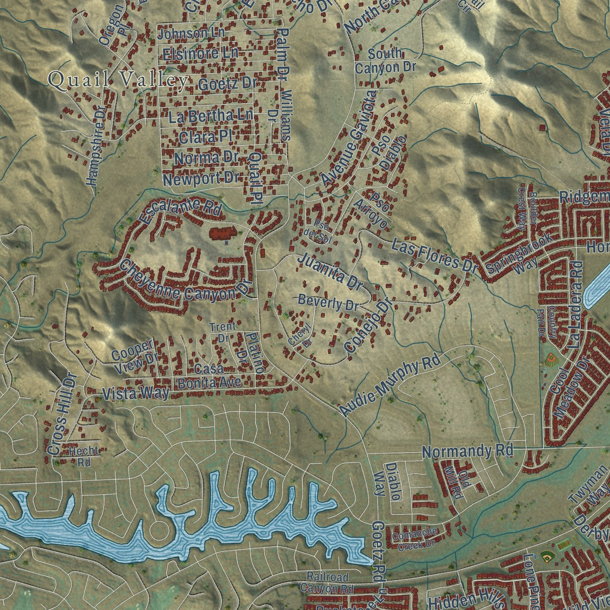 Second close-up of the map of Menifee, California print showing more streets and buildings