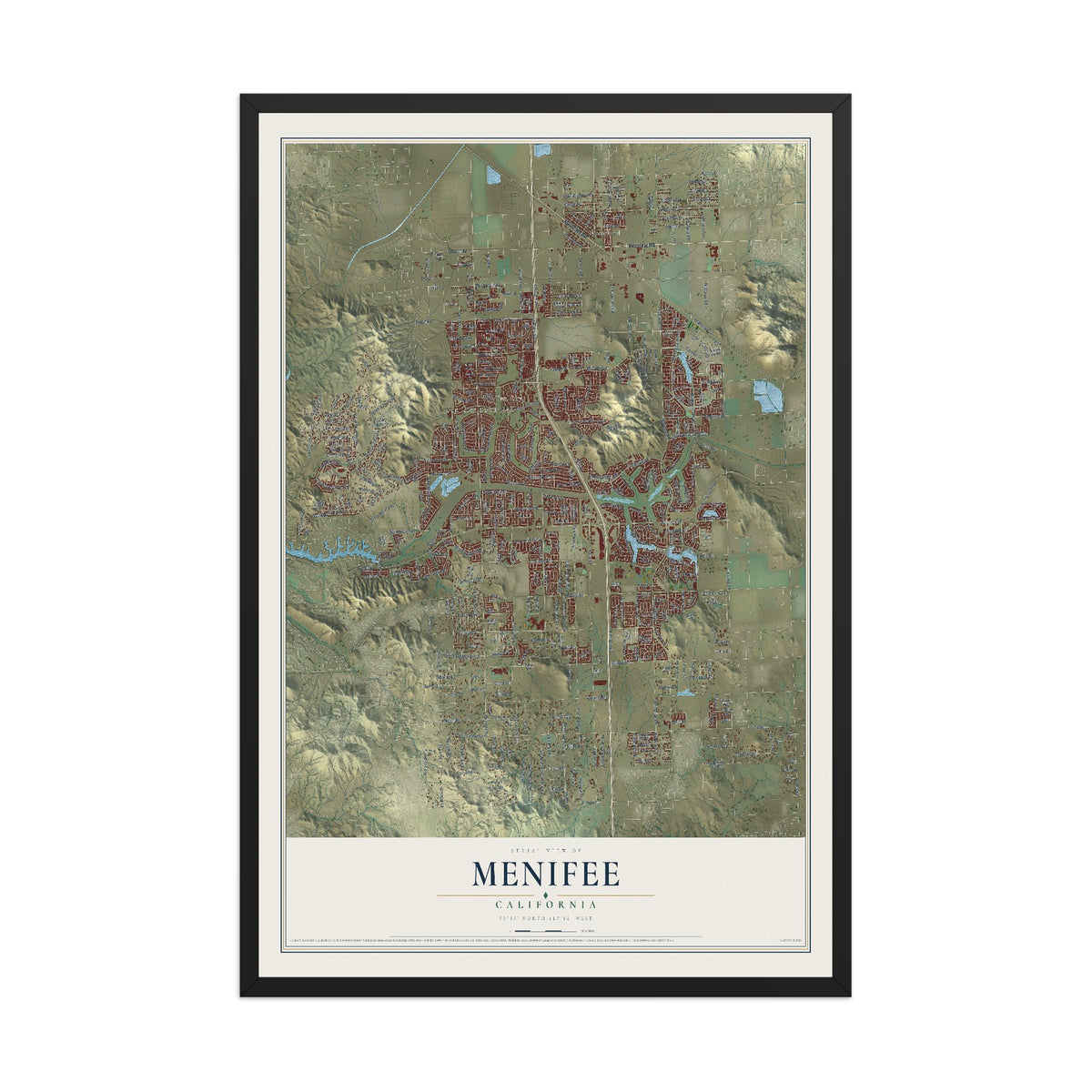 Map of Menifee, California, 12 x 18 inch print in a black wood frame