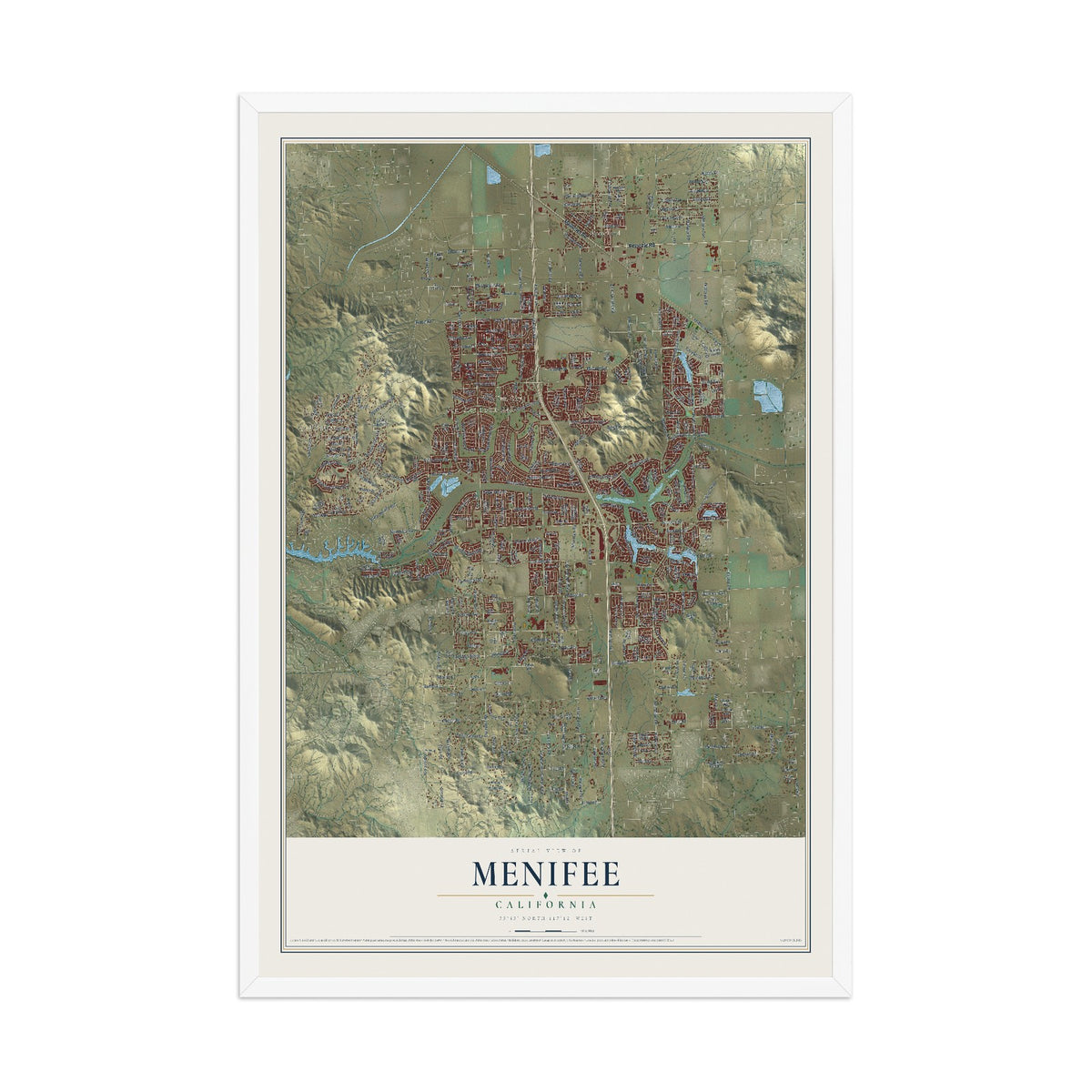 Map of Menifee, California, 12 x 18 inch print in a white wood frame