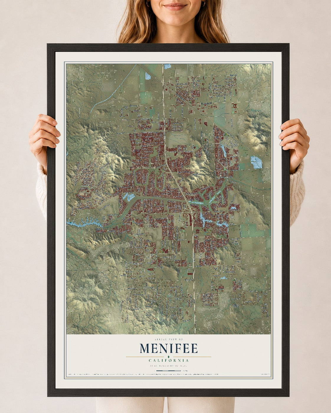 Map of Menifee, California, 24 x 36 inch print in a black wood frame