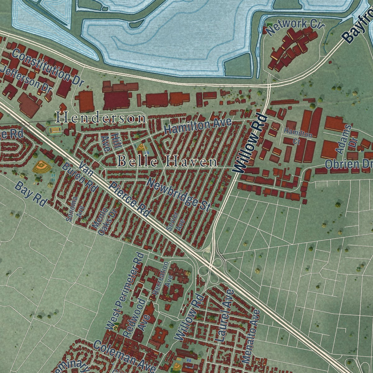 Close-up of the map of Menlo Park, California print showing street and building detail