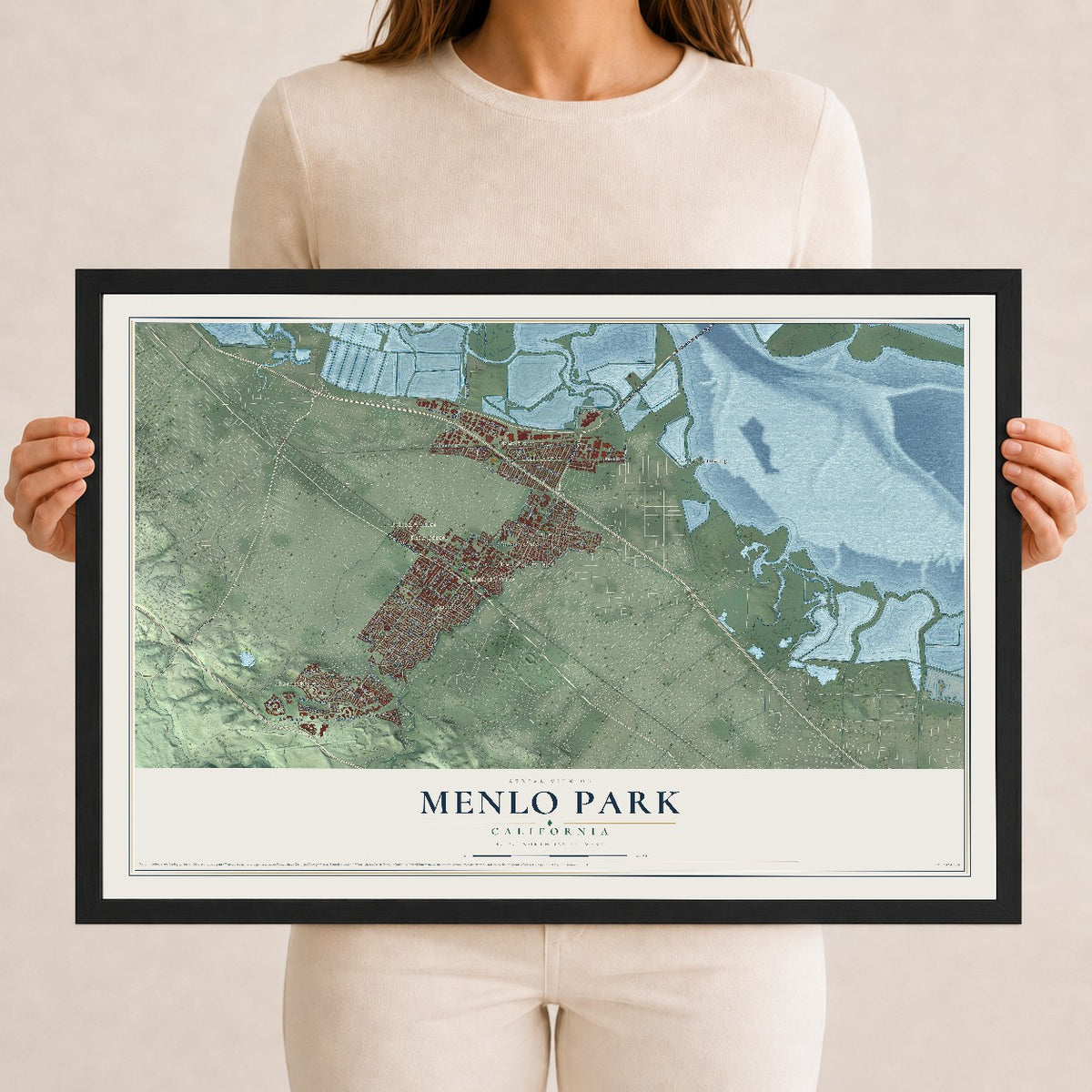 Map of Menlo Park, California, 12 x 18 inch print in a black wood frame