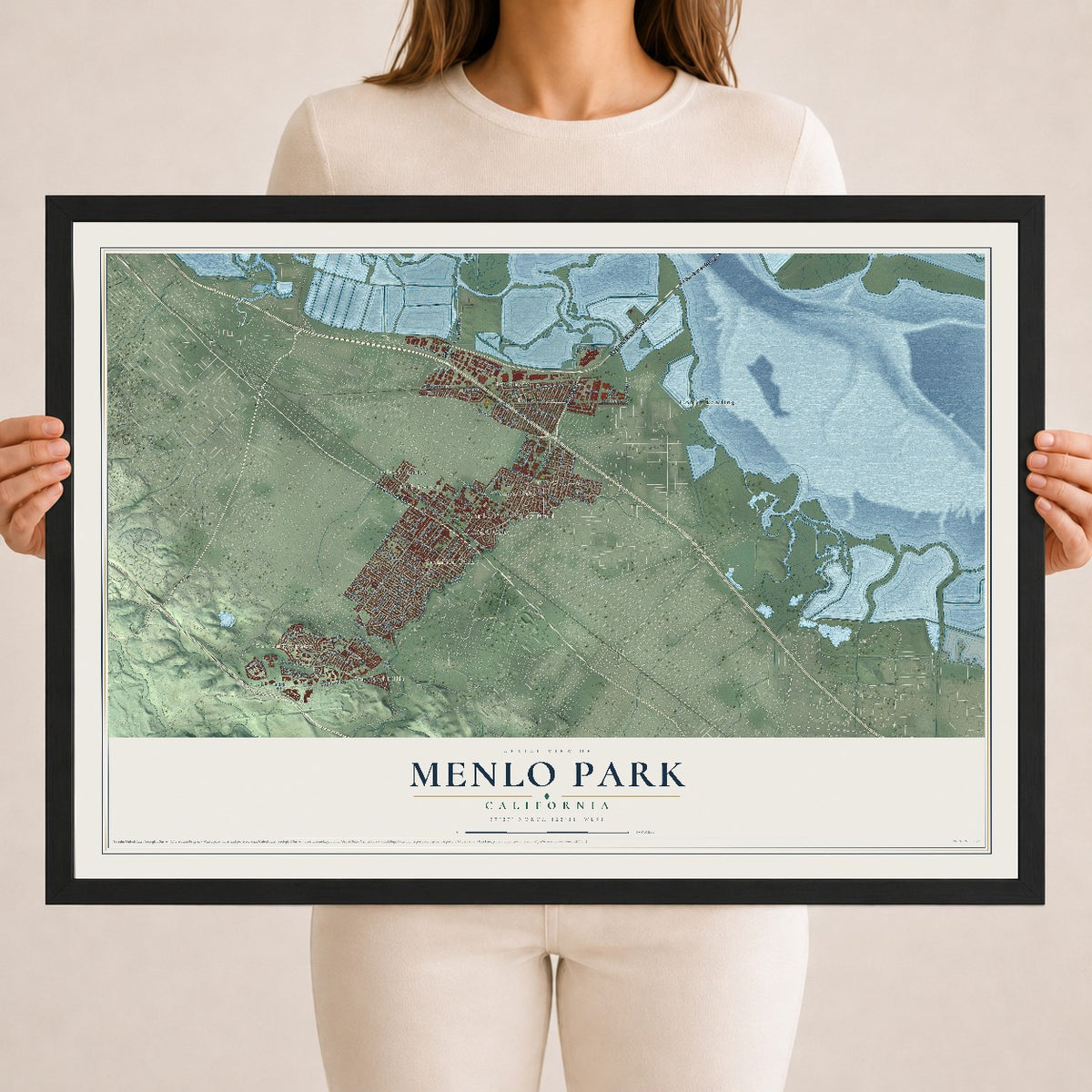 Map of Menlo Park, California, 18 x 24 inch print in a black wood frame