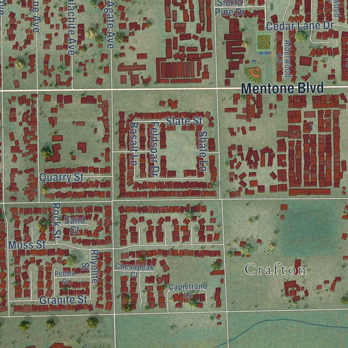 Close-up of the map of Mentone, California print showing street and building detail