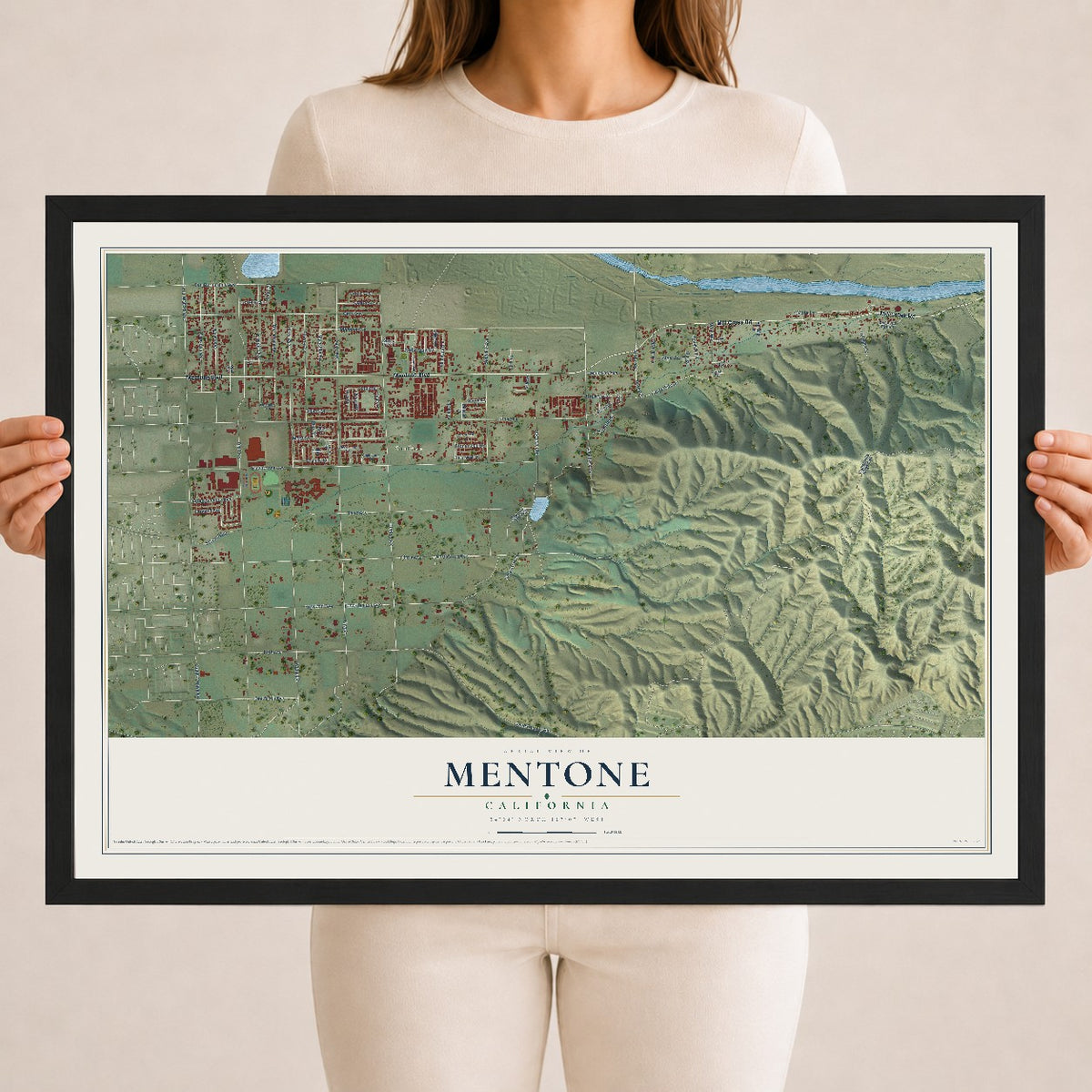 Map of Mentone, California, 18 x 24 inch print in a black wood frame
