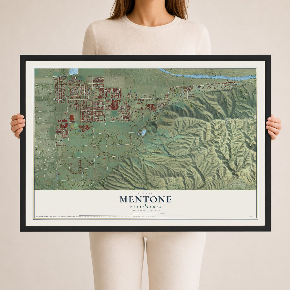 Map of Mentone, California, 24 x 36 inch print in a black wood frame