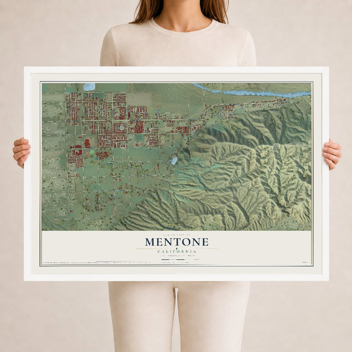 Map of Mentone, California, 24 x 36 inch print in a white wood frame