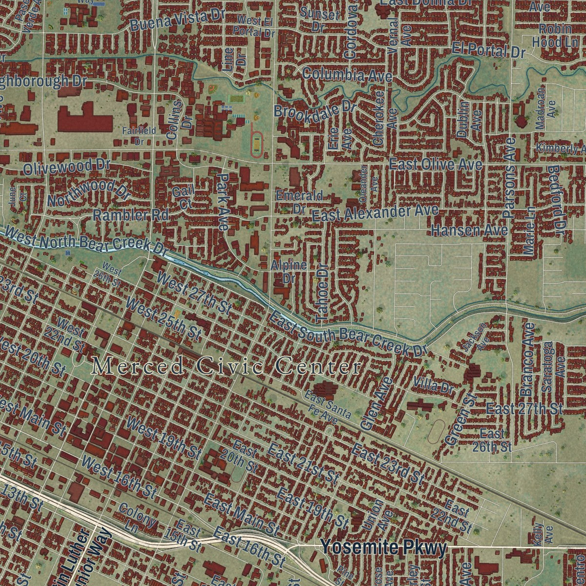 Close-up of the map of Merced, California print showing street and building detail