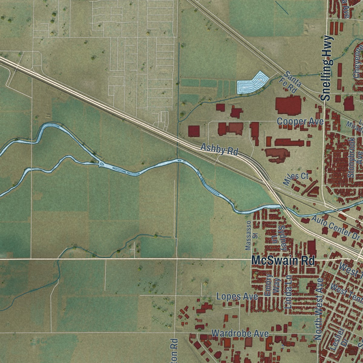Second close-up of the map of Merced, California print showing more streets and buildings