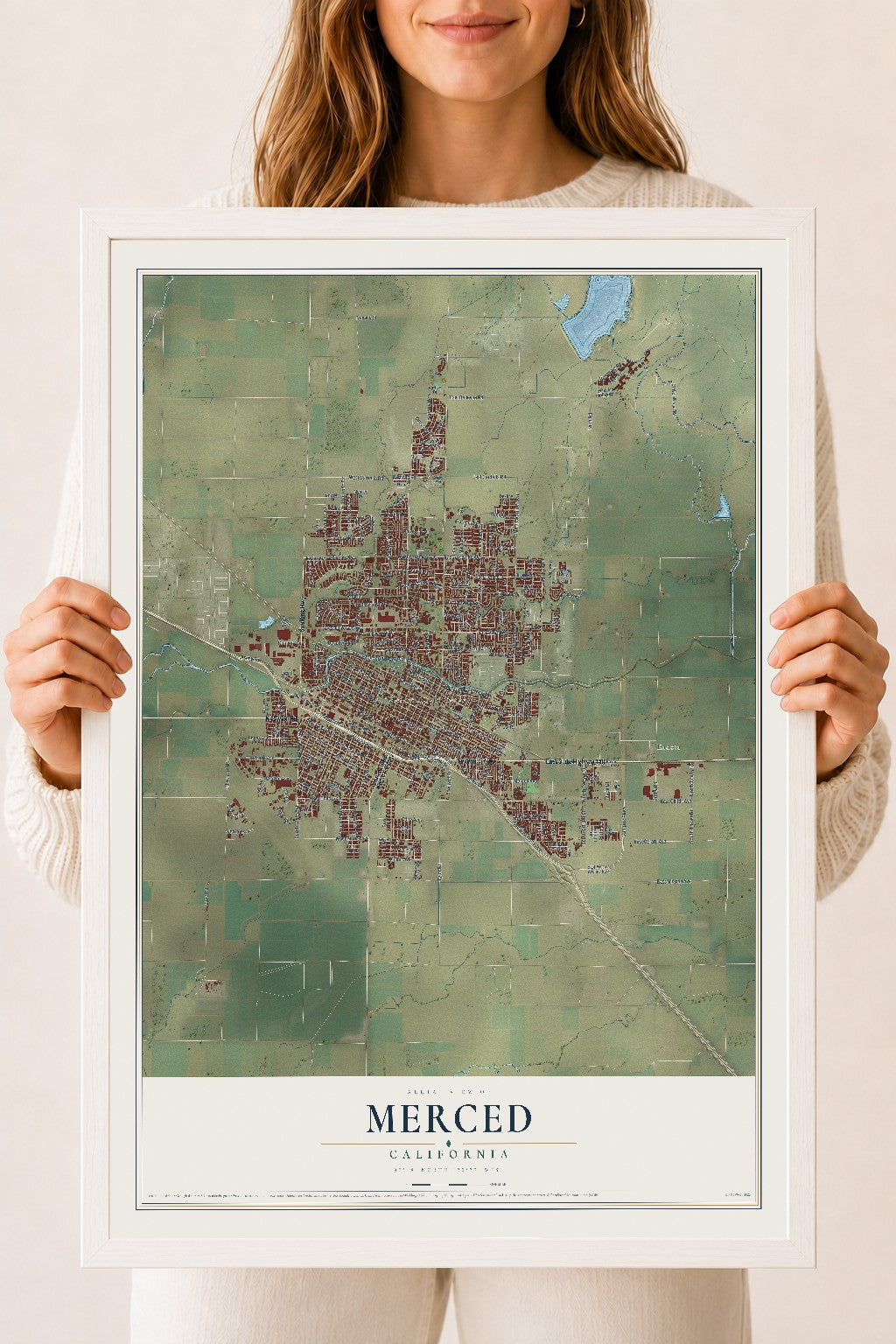 Map of Merced, California, 18 x 24 inch print in a white wood frame