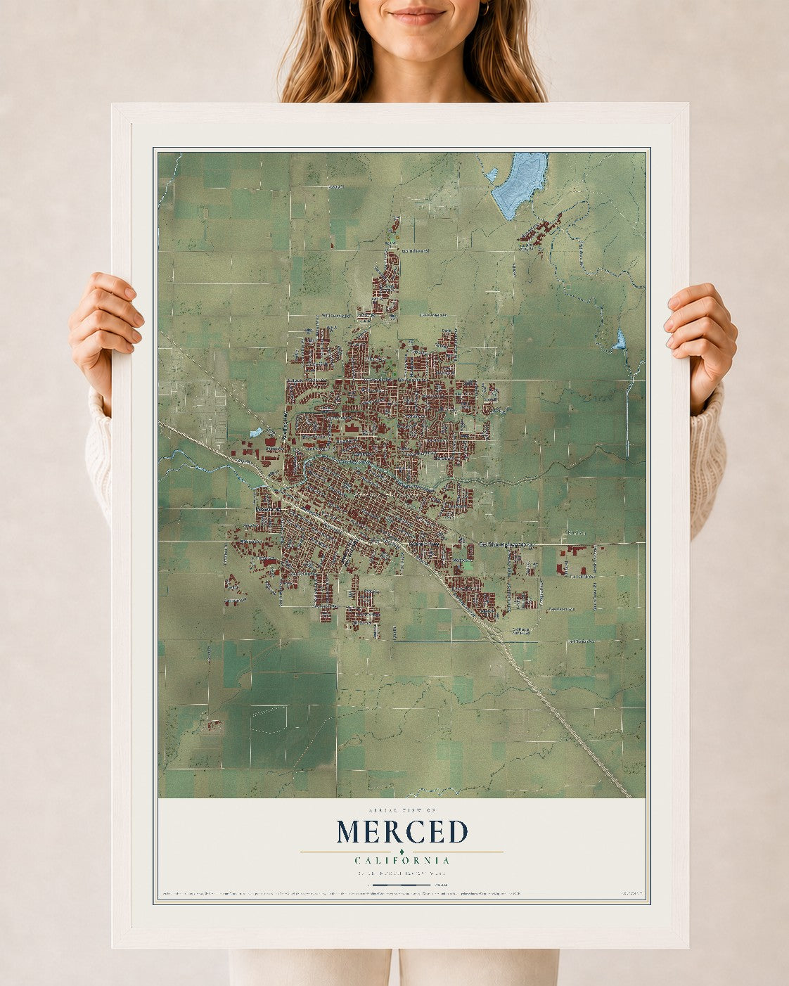 Map of Merced, California, 24 x 36 inch print in a white wood frame