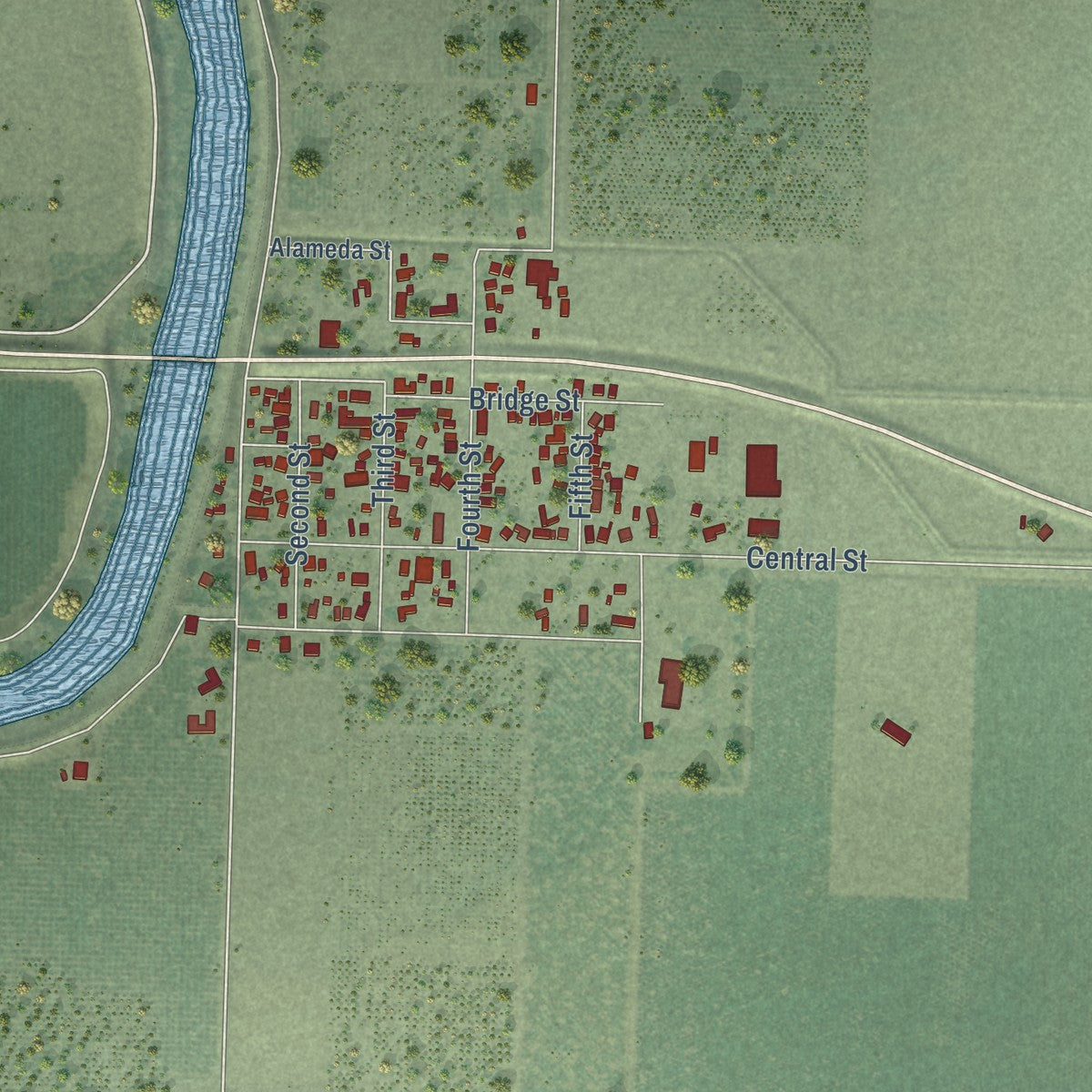 Close-up of the map of Meridian, California print showing street and building detail