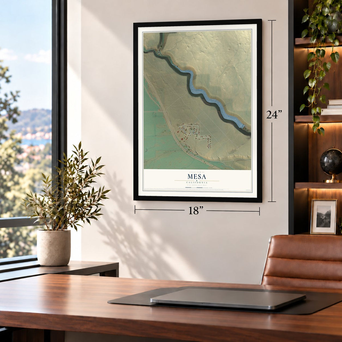 Mesa, California map, 18 x 24 inch print in a black frame in a home office