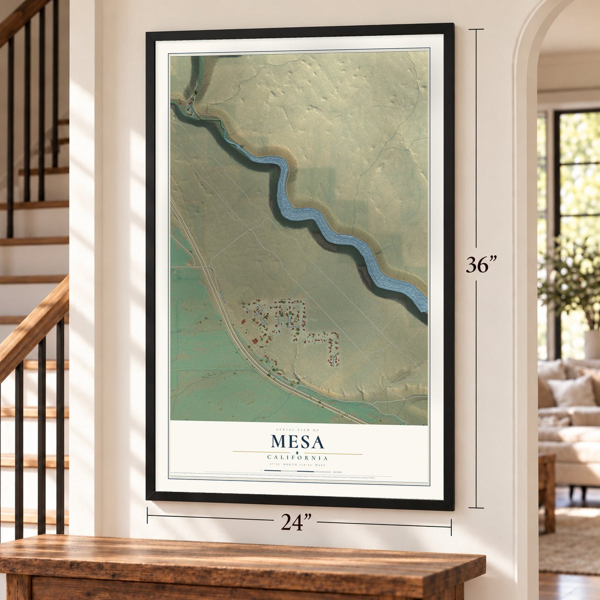 Mesa, California map, 24 x 36 inch print in a black frame by a staircase