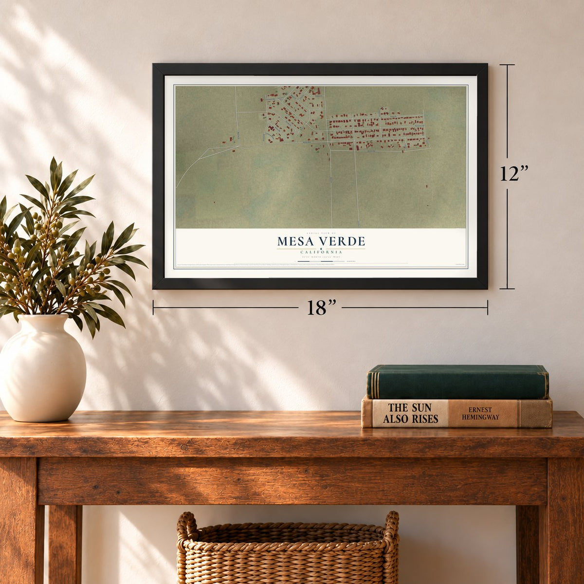 Mesa Verde, California map, 12 x 18 inch print in a black frame in an entryway