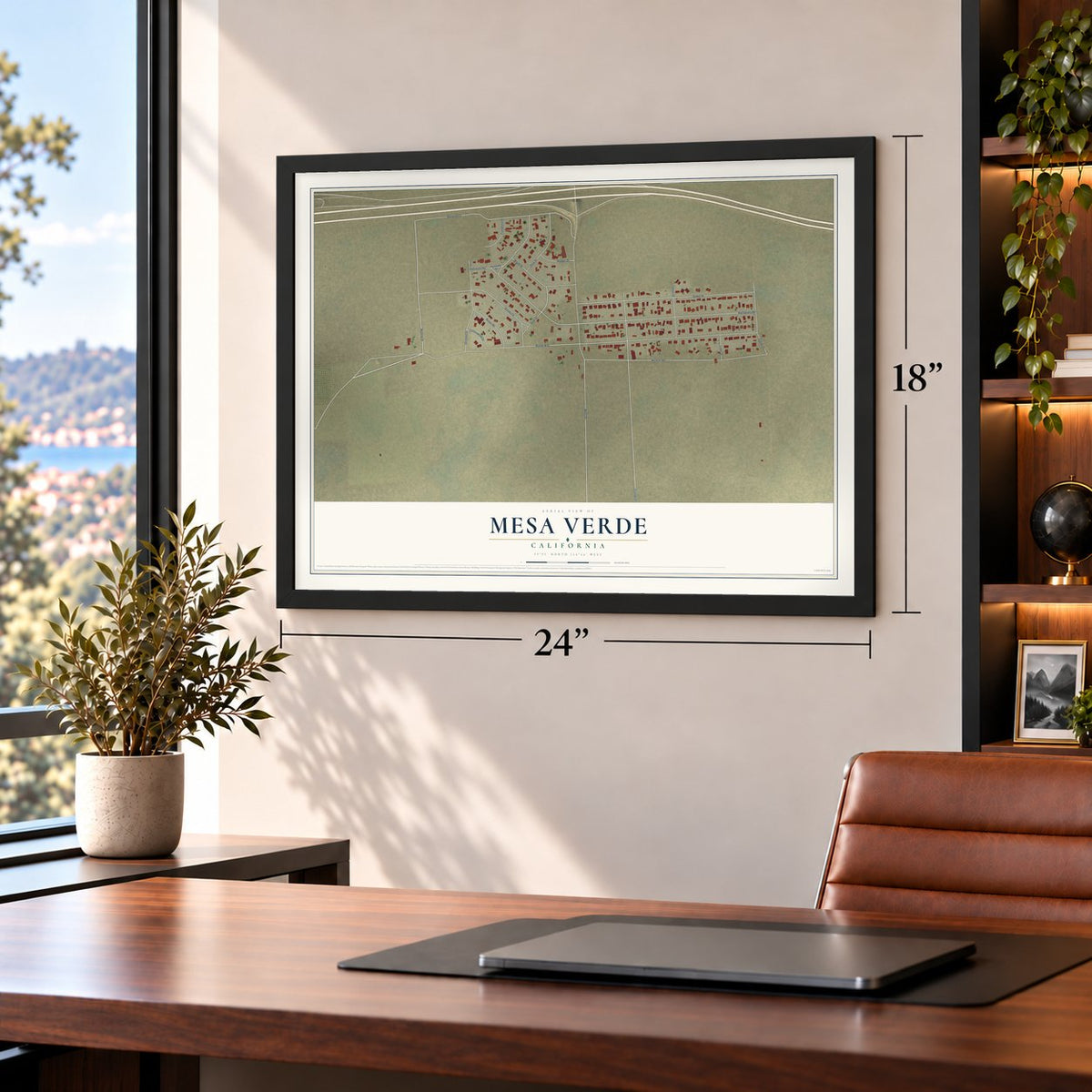 Mesa Verde, California map, 18 x 24 inch print in a black frame in a home office