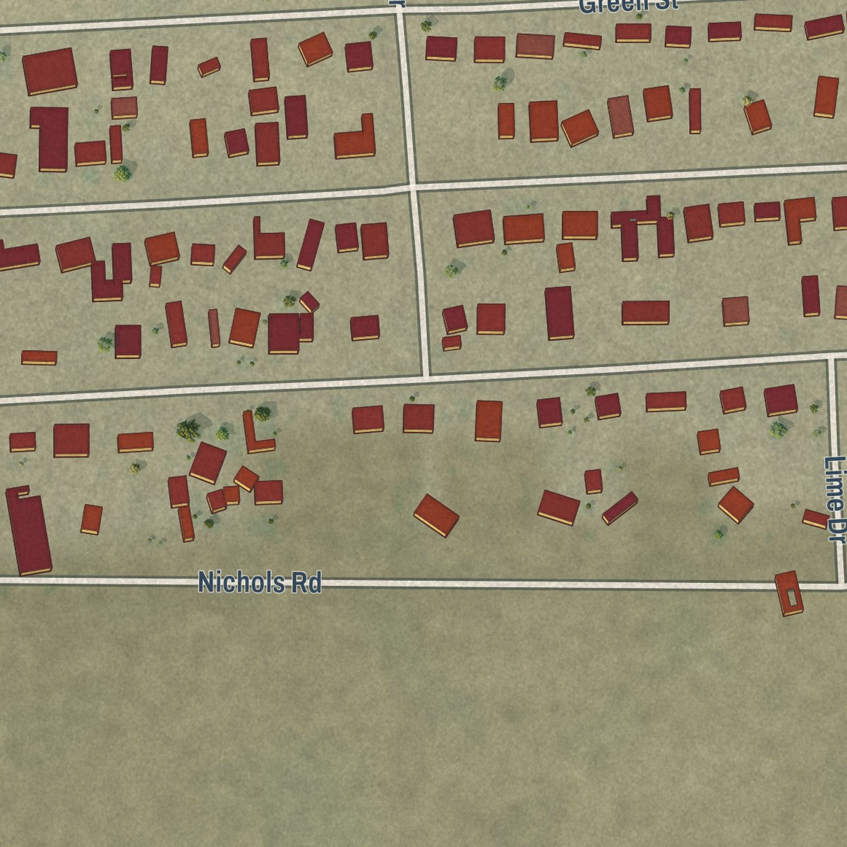 Close-up of the map of Mesa Verde, California print showing street and building detail