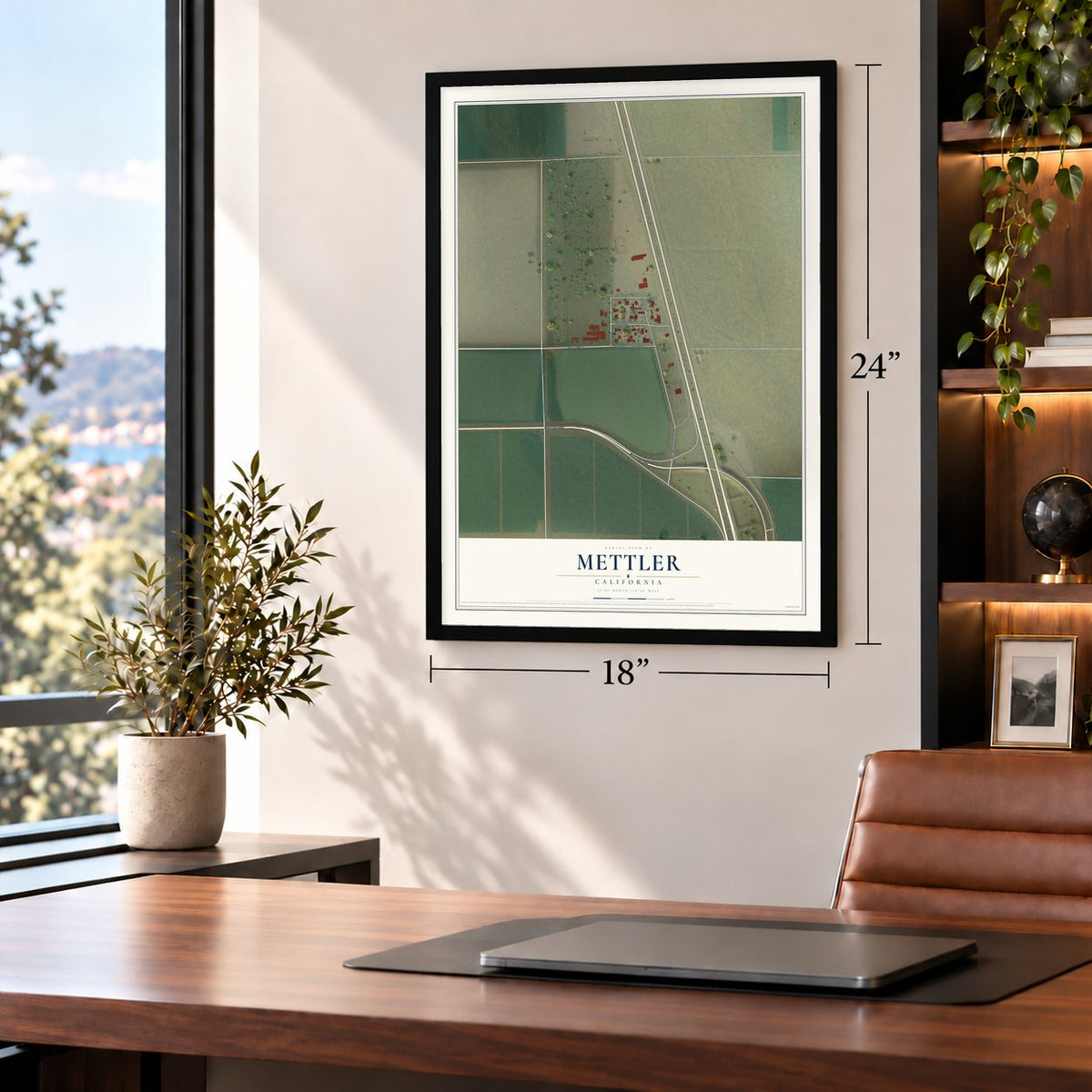 Mettler, California map, 18 x 24 inch print in a black frame in a home office