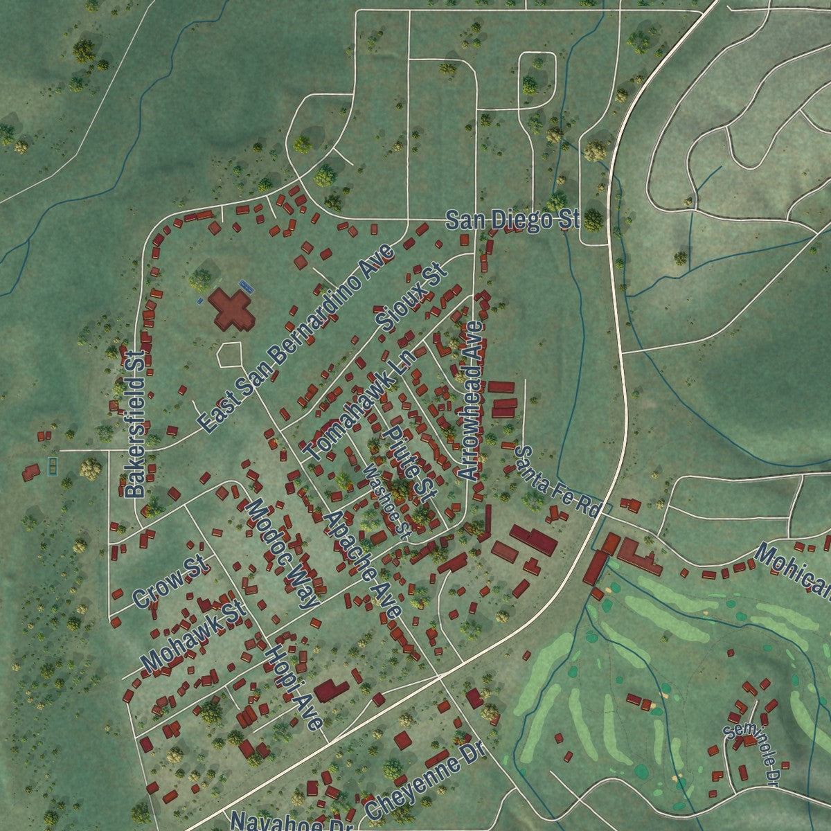 Close-up of the map of Meyers, California print showing street and building detail