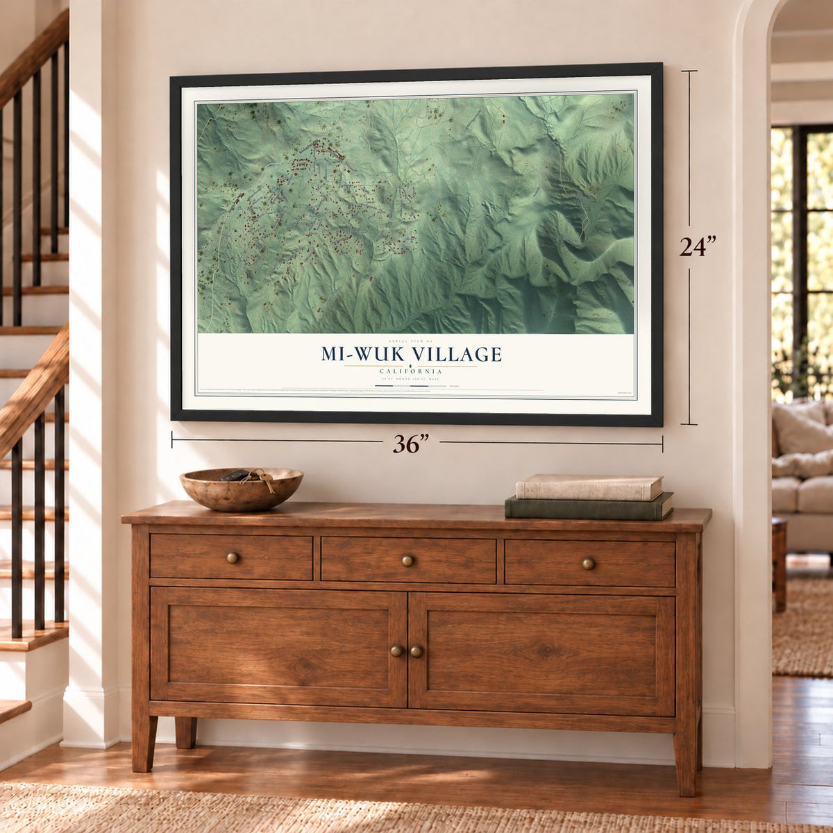 Mi-Wuk Village, California map, 24 x 36 inch print in a black frame above a dresser by a staircase