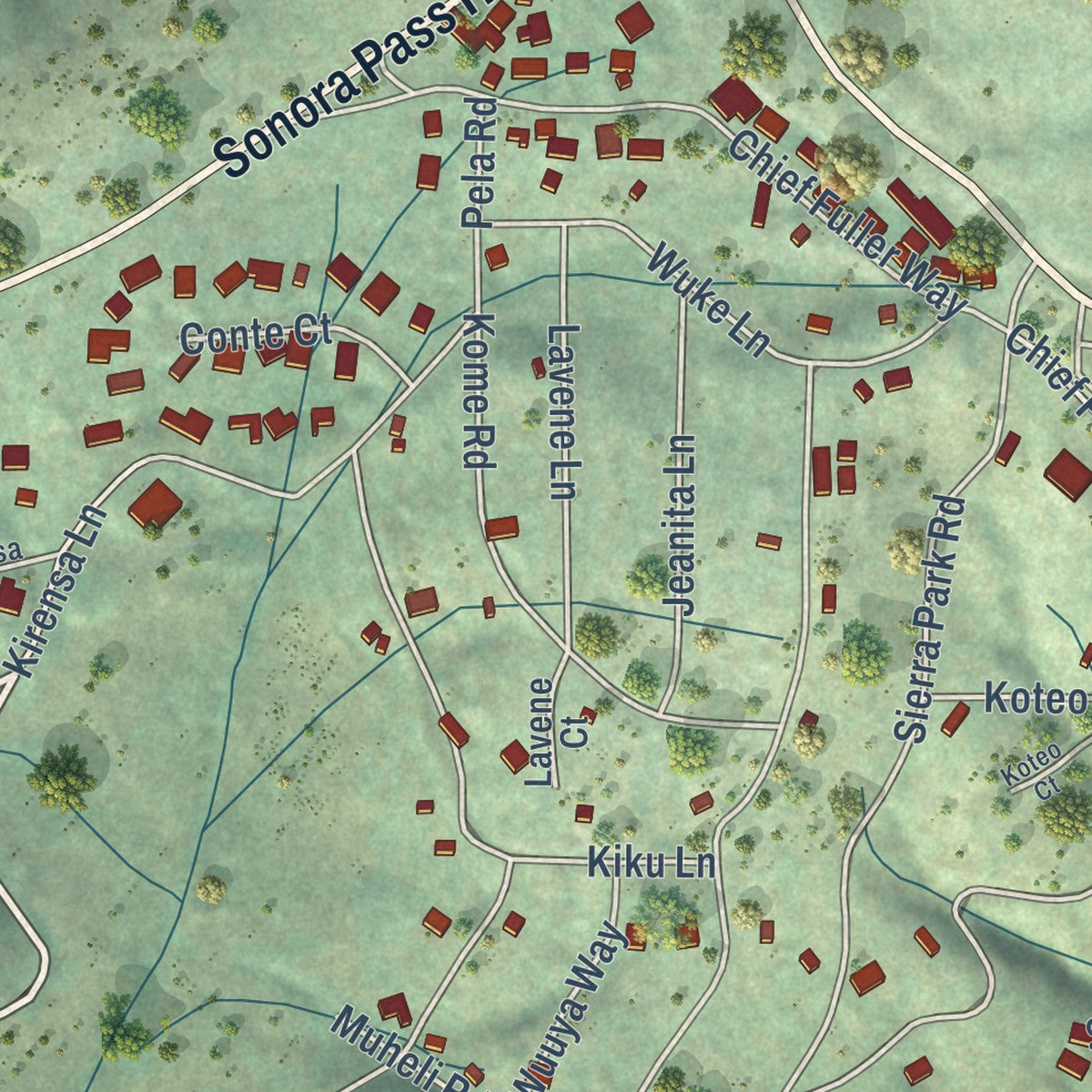 Close-up of the map of Mi-Wuk Village, California print showing street and building detail