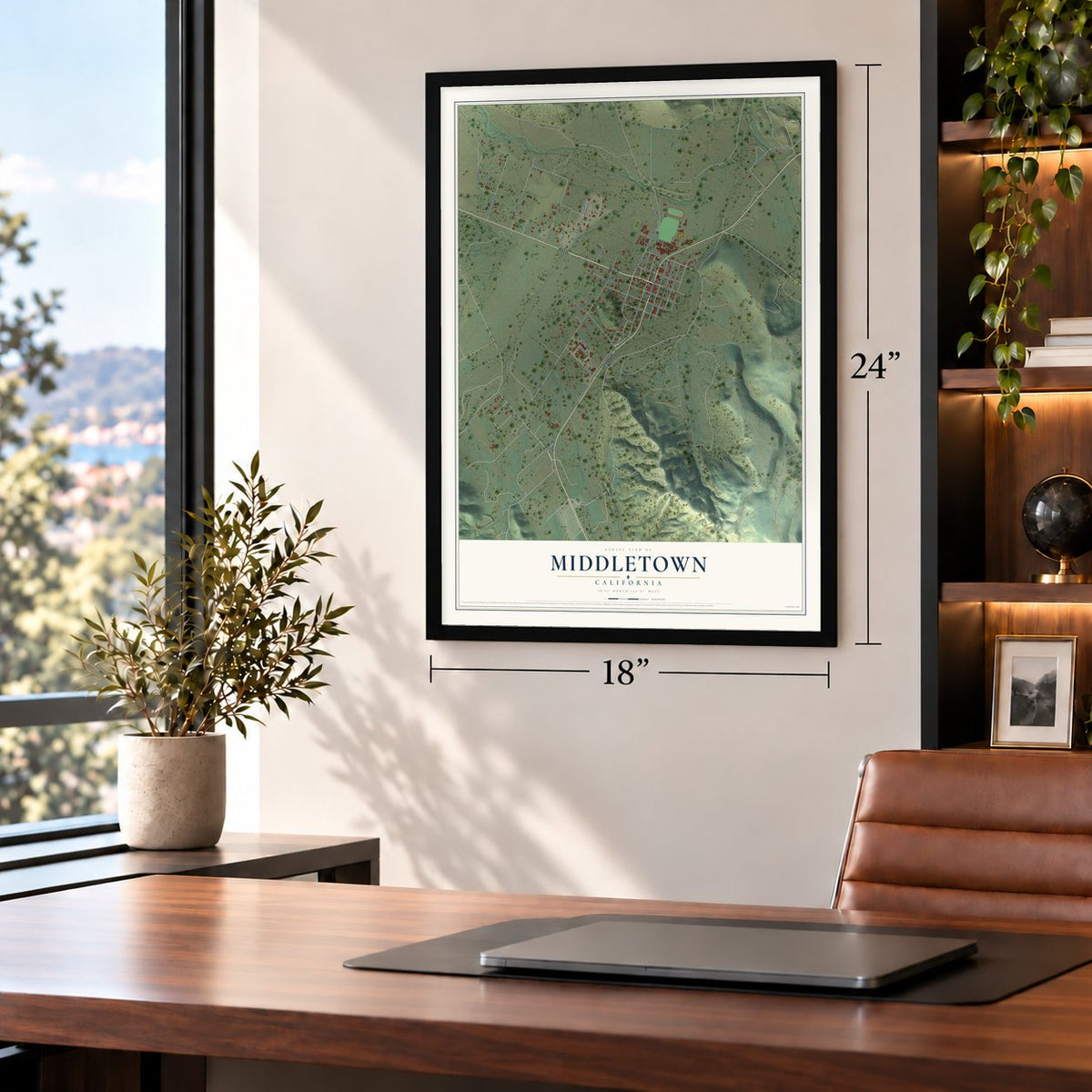 Middletown, California map, 18 x 24 inch print in a black frame in a home office