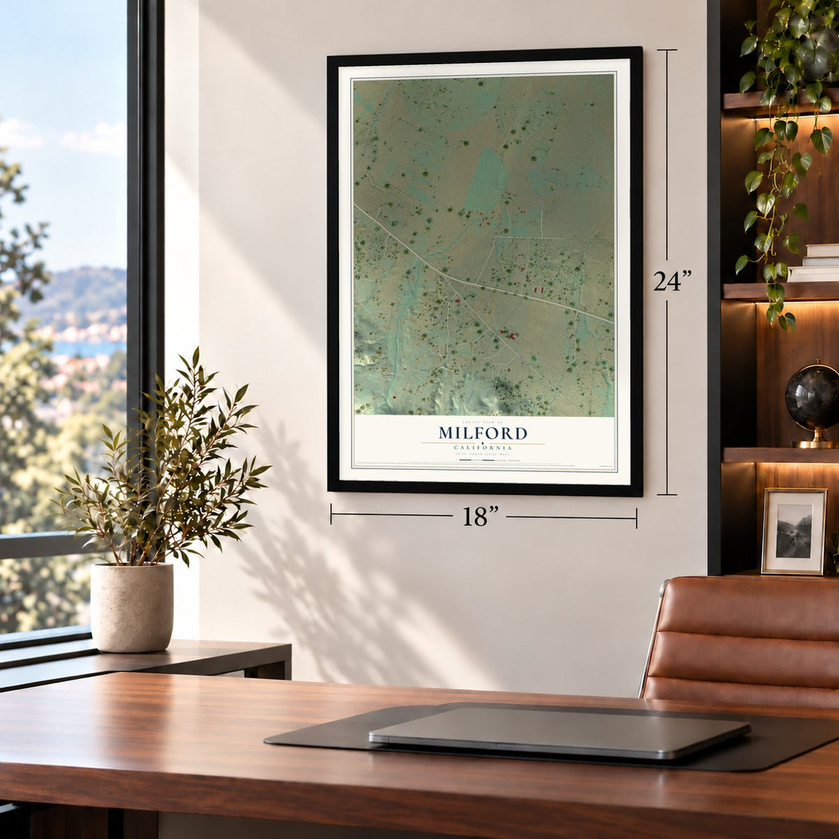Milford, California map, 18 x 24 inch print in a black frame in a home office