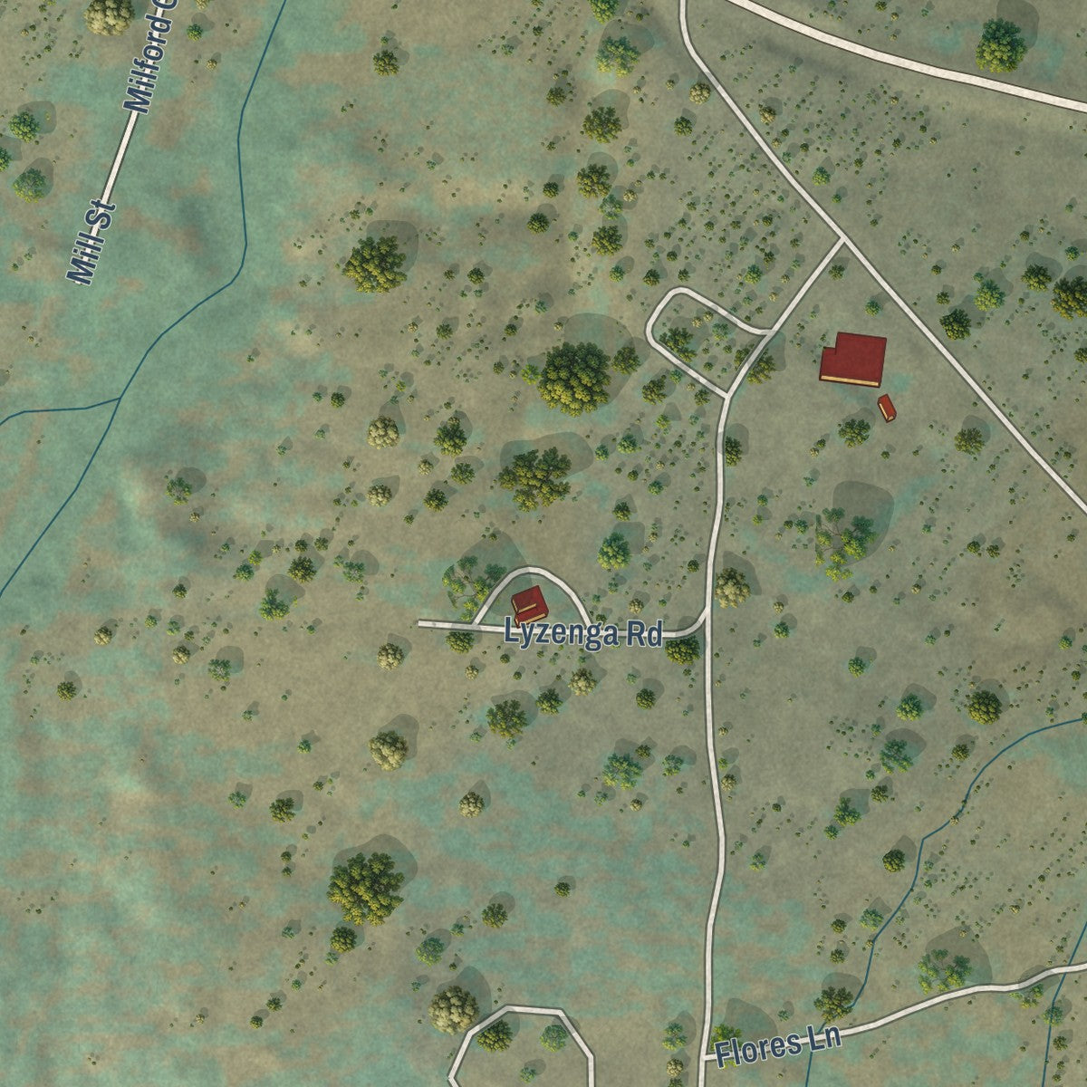 Close-up of the map of Milford, California print showing street and building detail