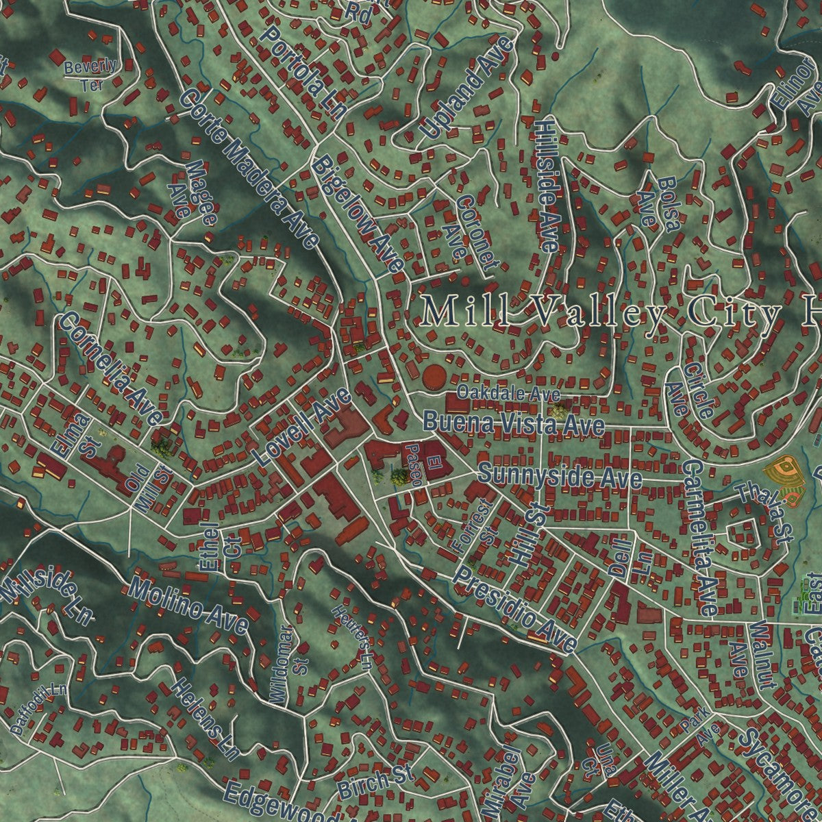 Close-up of the map of Mill Valley, California print showing street and building detail