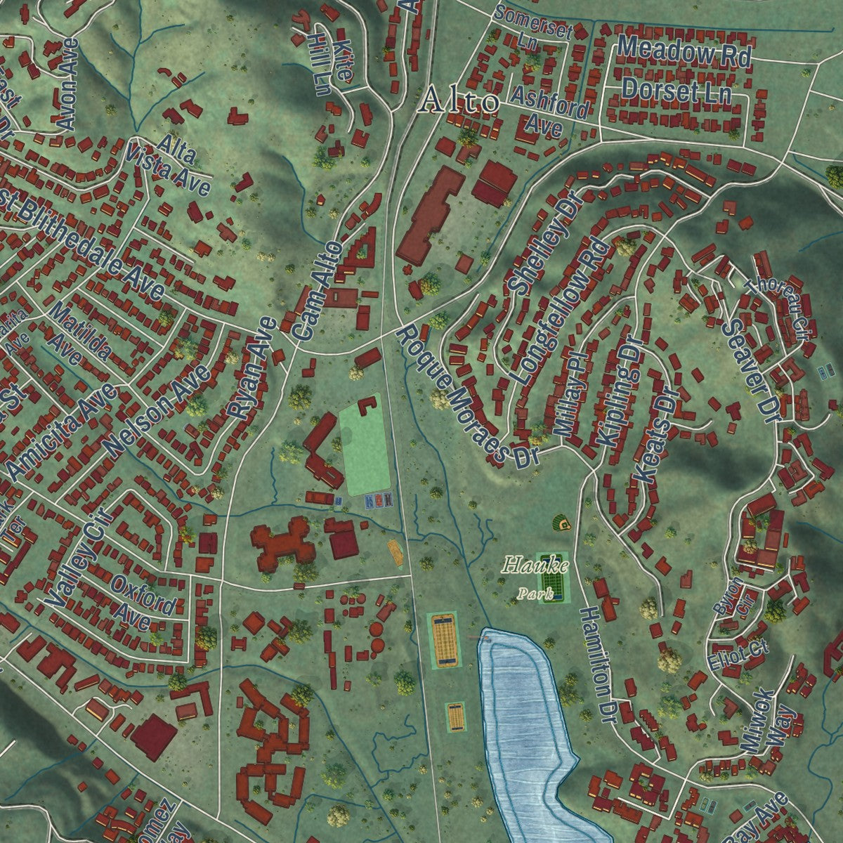 Second close-up of the map of Mill Valley, California print showing more streets and buildings