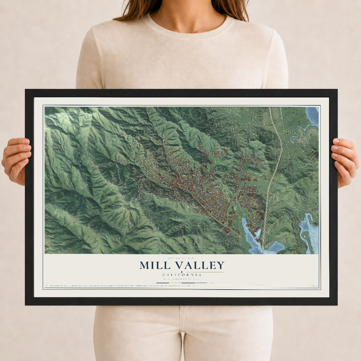 Map of Mill Valley, California, 12 x 18 inch print in a black wood frame