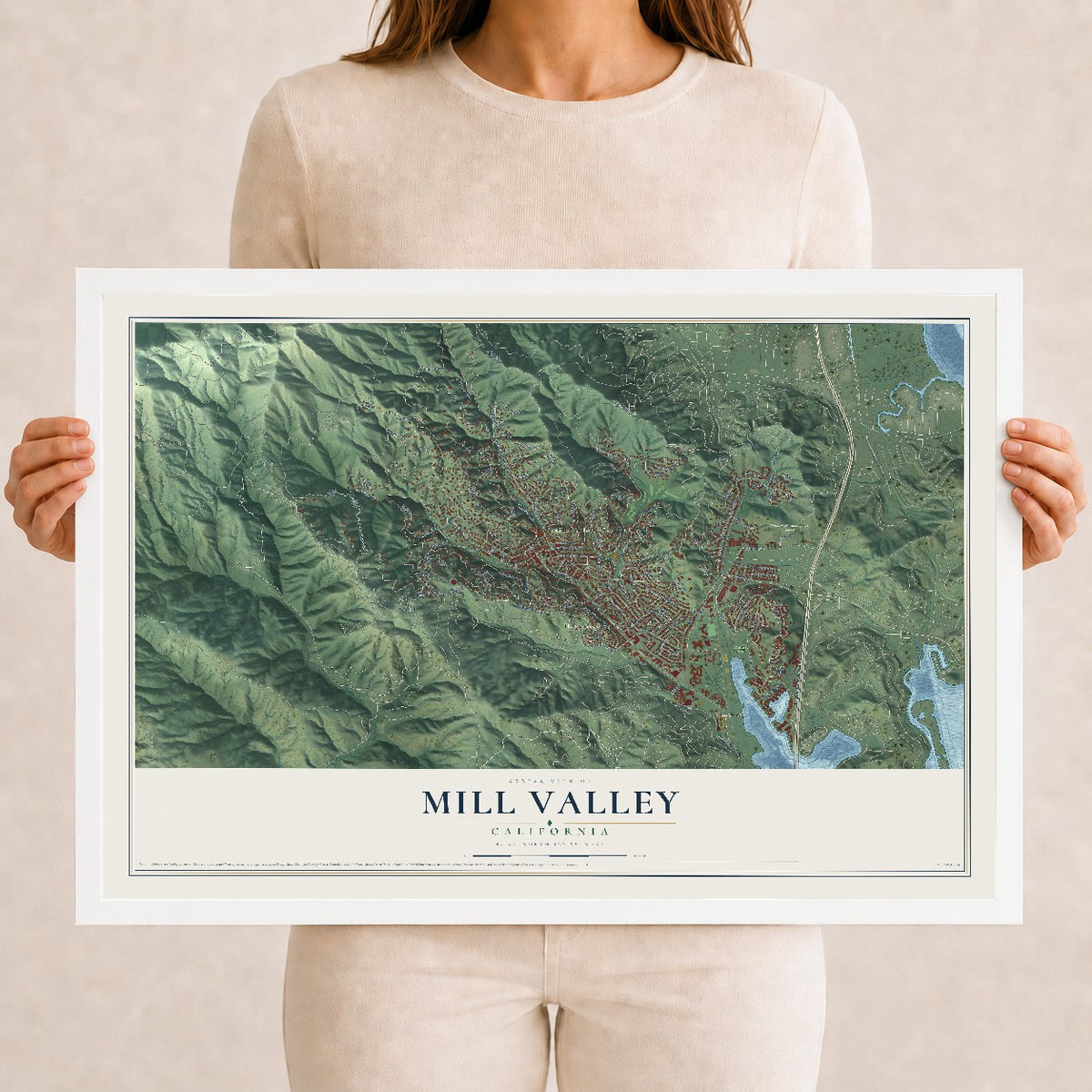 Map of Mill Valley, California, 12 x 18 inch print in a white wood frame