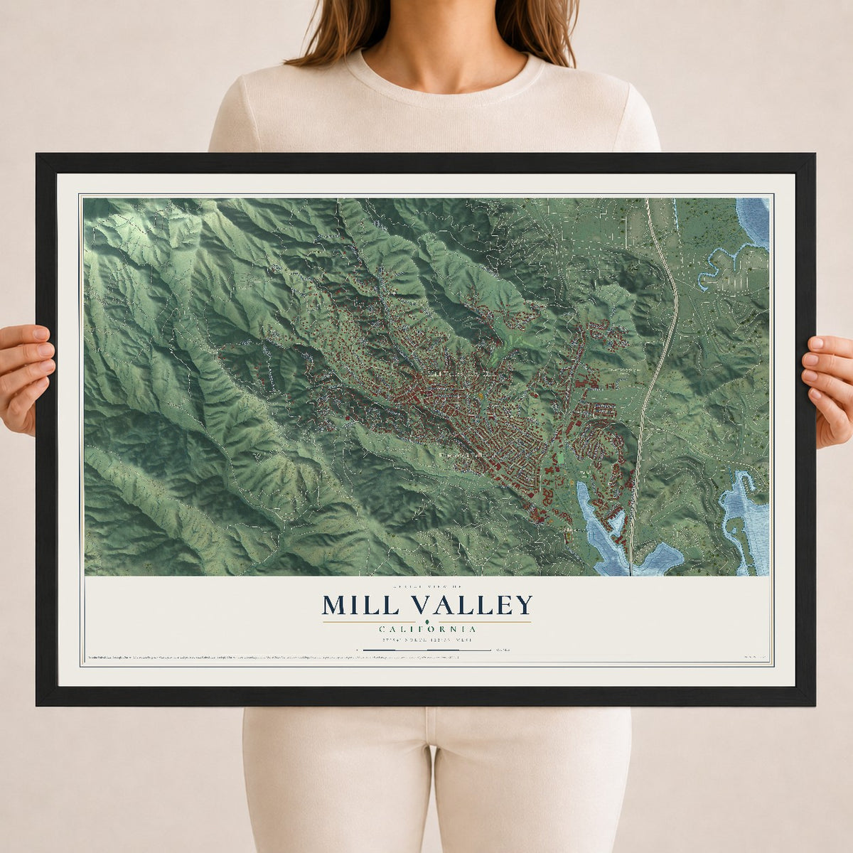 Map of Mill Valley, California, 18 x 24 inch print in a black wood frame