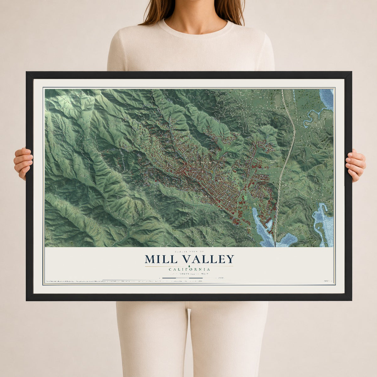 Map of Mill Valley, California, 24 x 36 inch print in a black wood frame