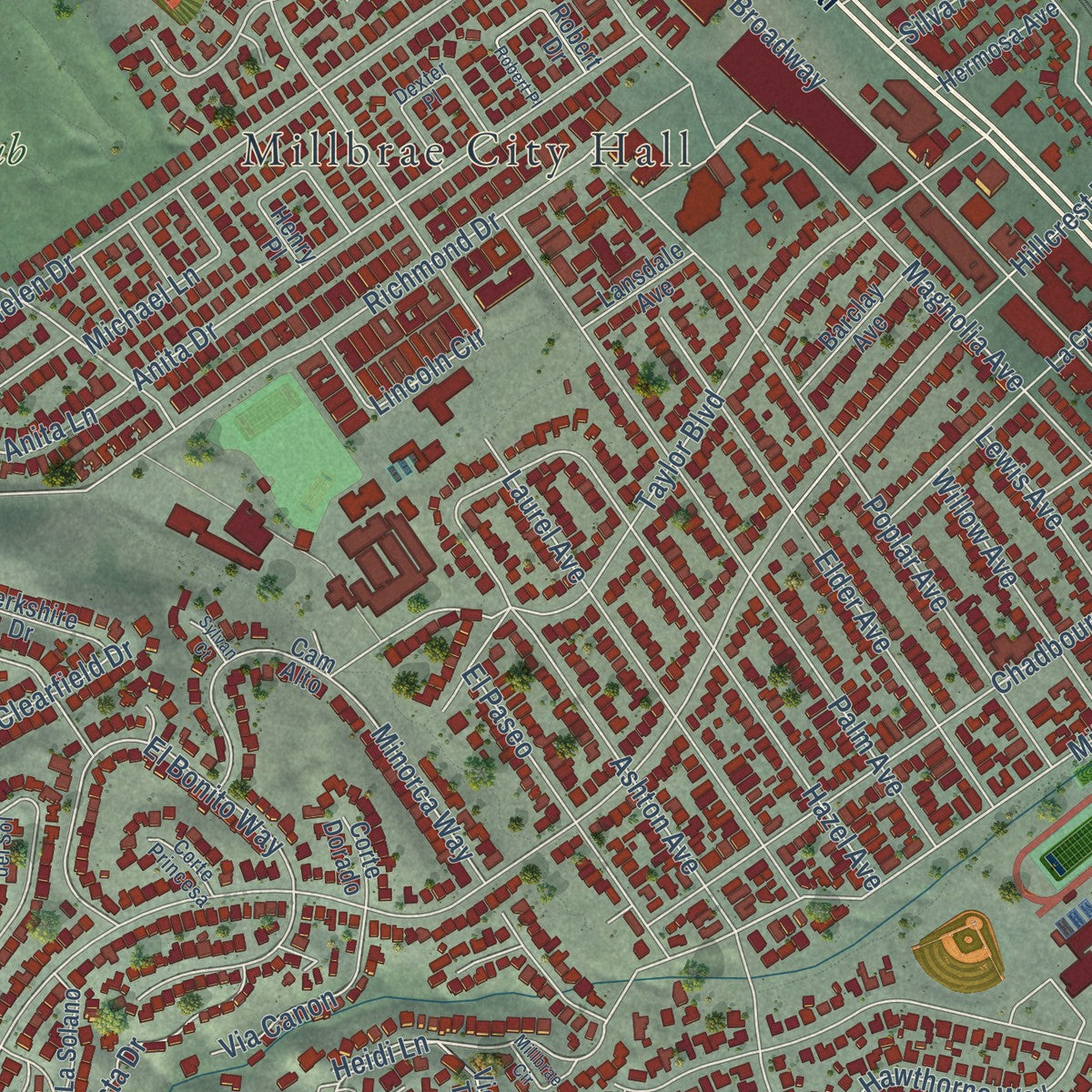 Close-up of the map of Millbrae, California print showing street and building detail