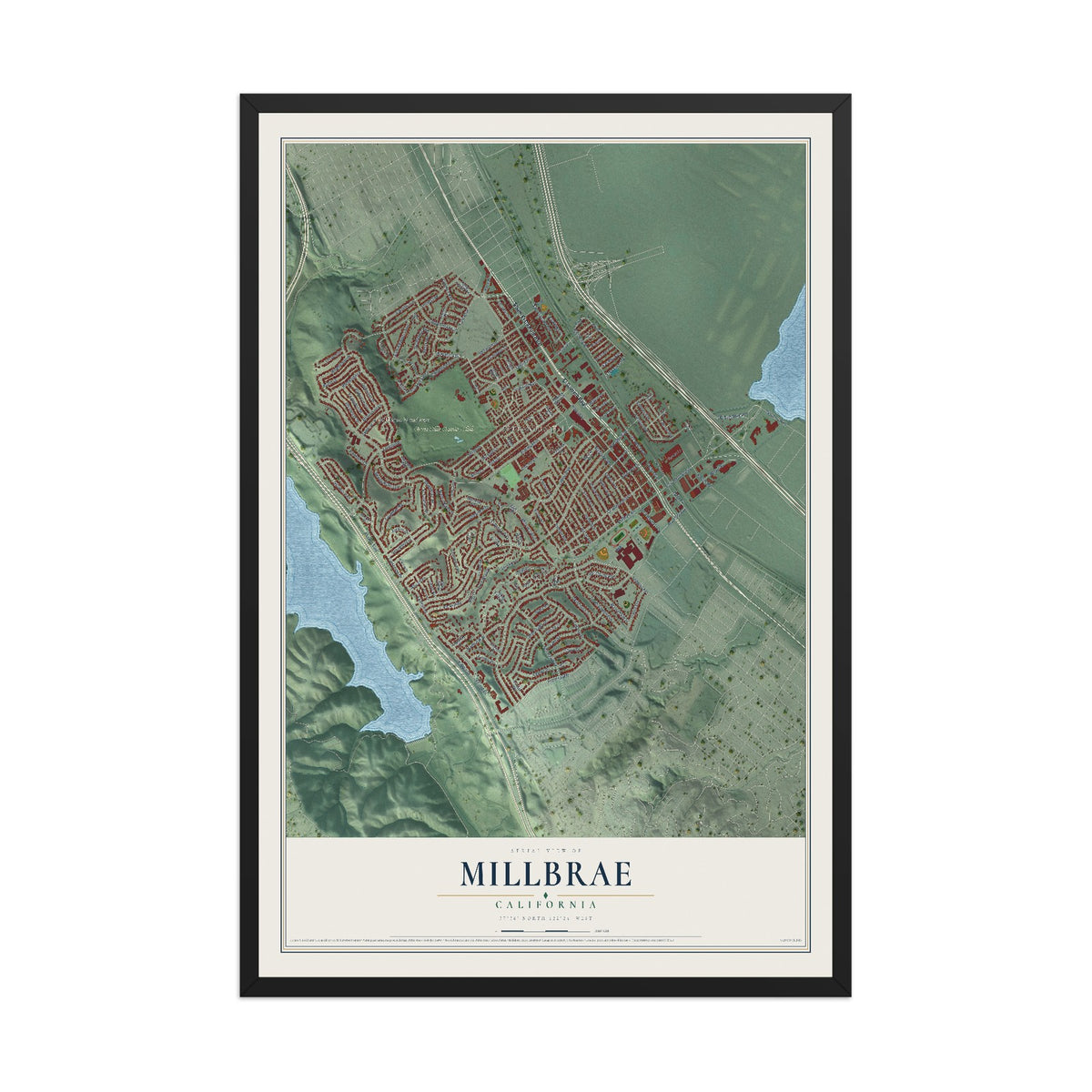 Map of Millbrae, California, 12 x 18 inch print in a black wood frame