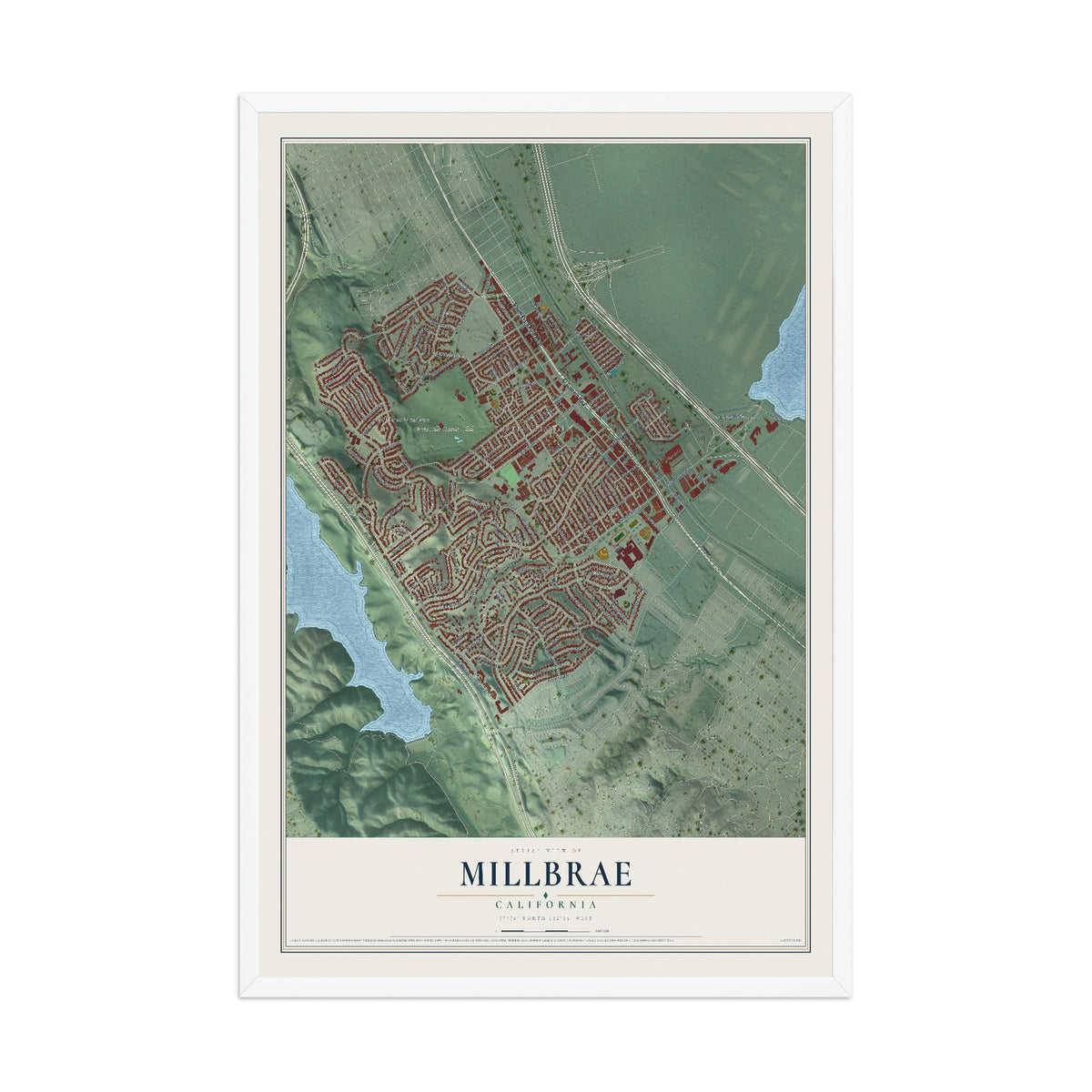 Map of Millbrae, California, 12 x 18 inch print in a white wood frame