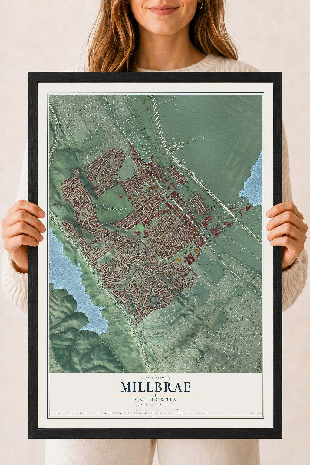 Map of Millbrae, California, 18 x 24 inch print in a black wood frame