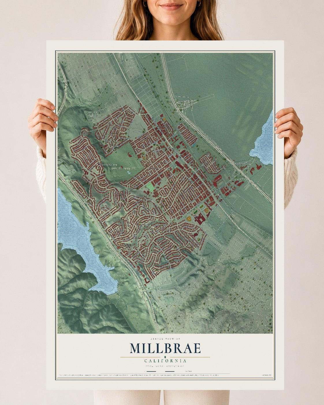Map of Millbrae, California, 24 x 36 inch unframed archival matte print