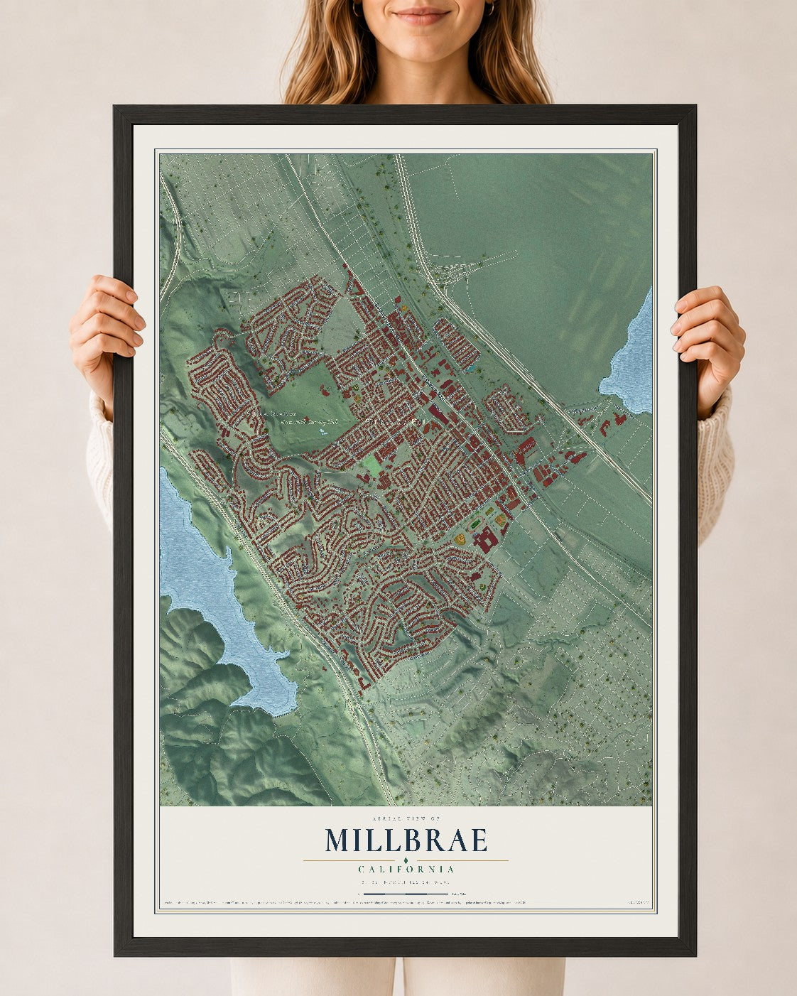 Map of Millbrae, California, 24 x 36 inch print in a black wood frame