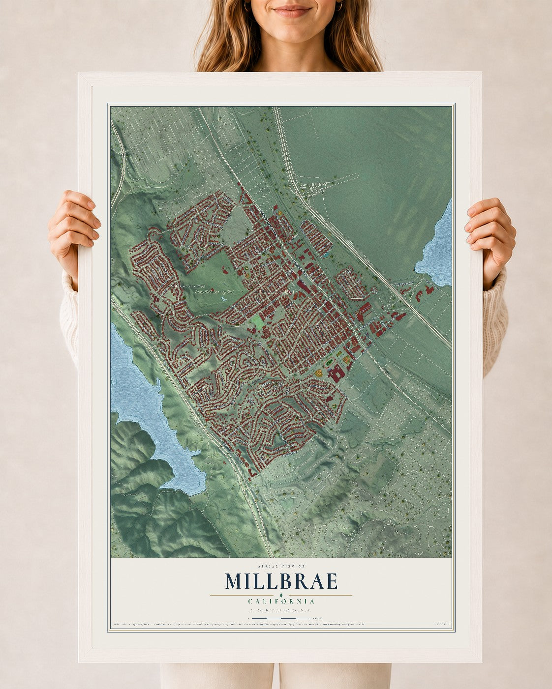 Map of Millbrae, California, 24 x 36 inch print in a white wood frame