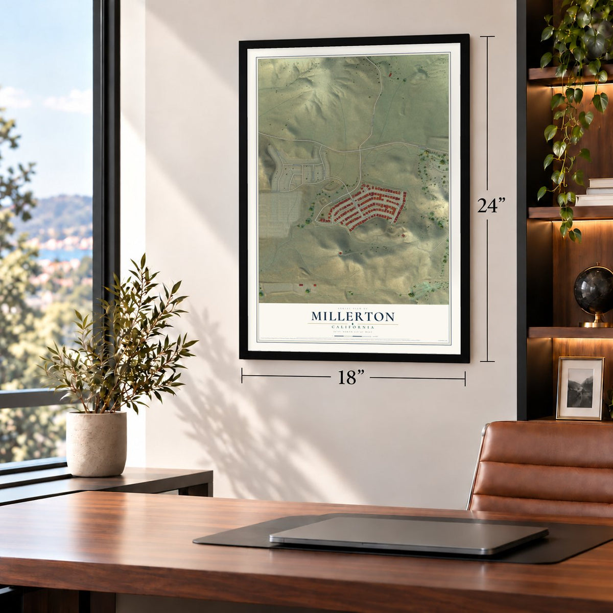 Millerton, California map, 18 x 24 inch print in a black frame in a home office