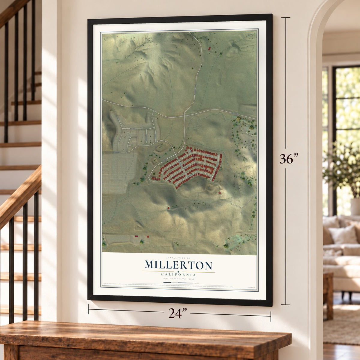 Millerton, California map, 24 x 36 inch print in a black frame by a staircase