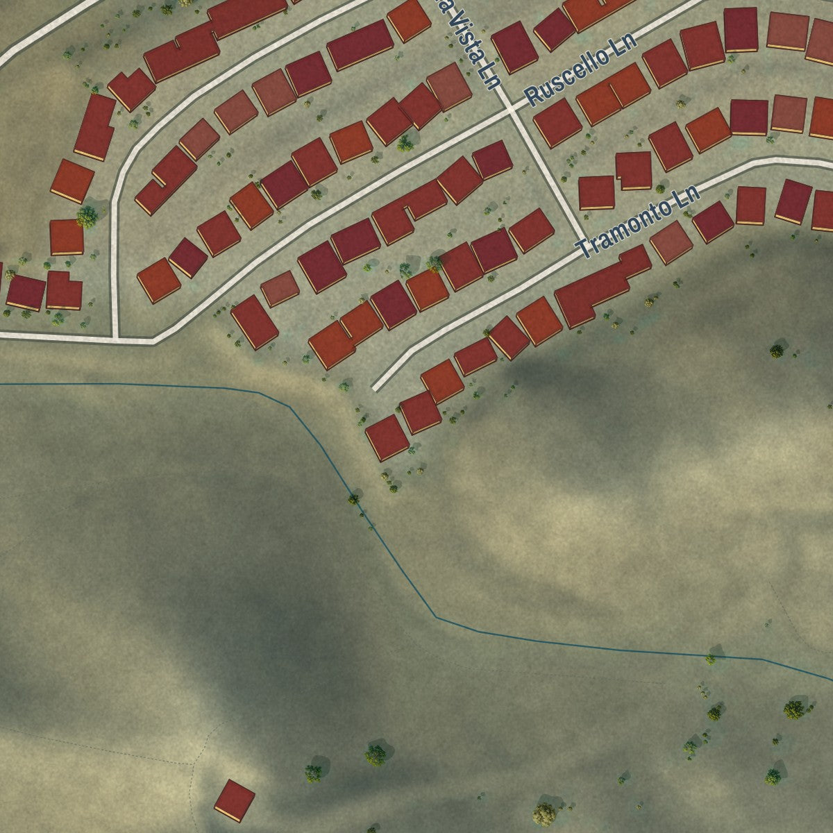Close-up of the map of Millerton, California print showing street and building detail